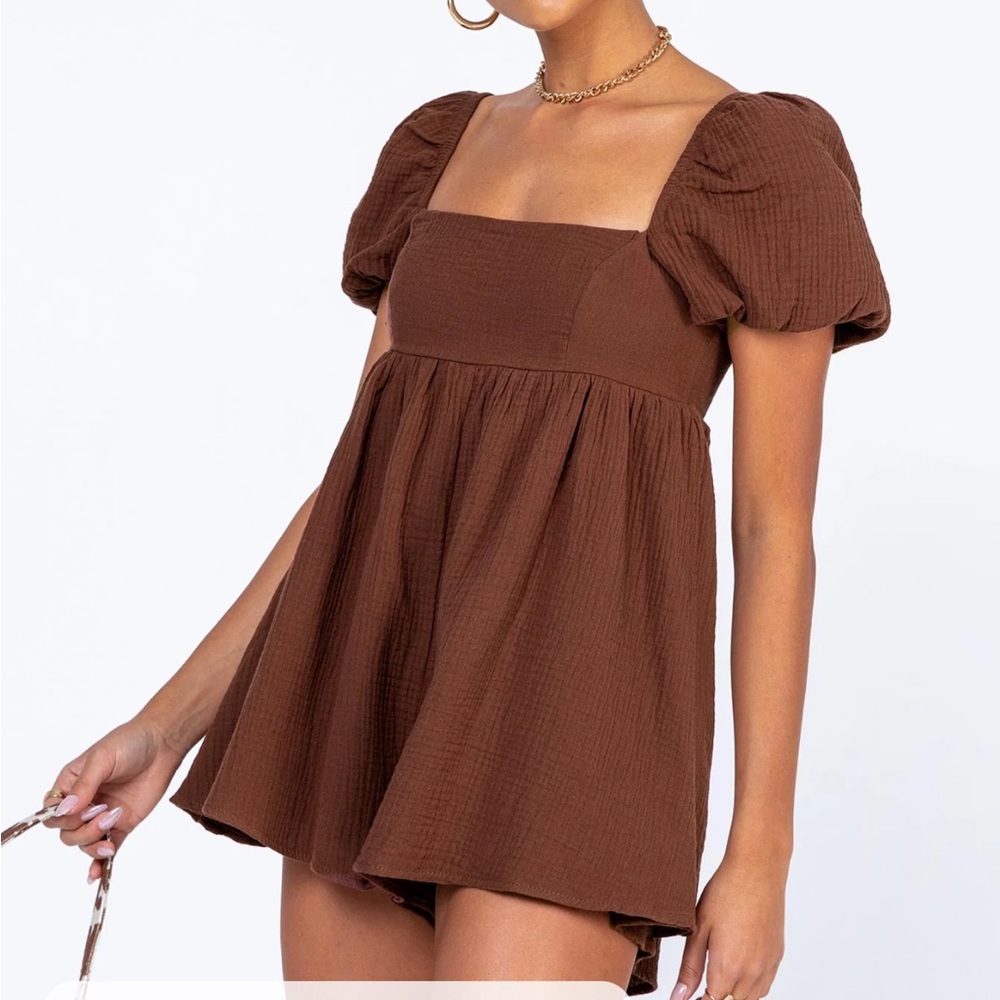 Princess Polly Lorna Brown Puff Sleeve Romper